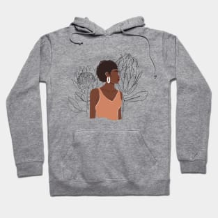 Fashion collage with abstract African woman portrait and one line protea flowers. Mid century Silhouette. Hoodie